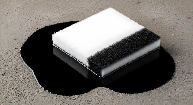 Oil Absorbent Pad Soaking Up Spill &ndash; High Contrast Cleanup Detail with White Fibers and Black Oil