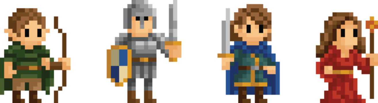 A set of different fantasy adventurer classes cartoon characters in a video game sprite pixel art style. Include wizard, warrior, knight etc.