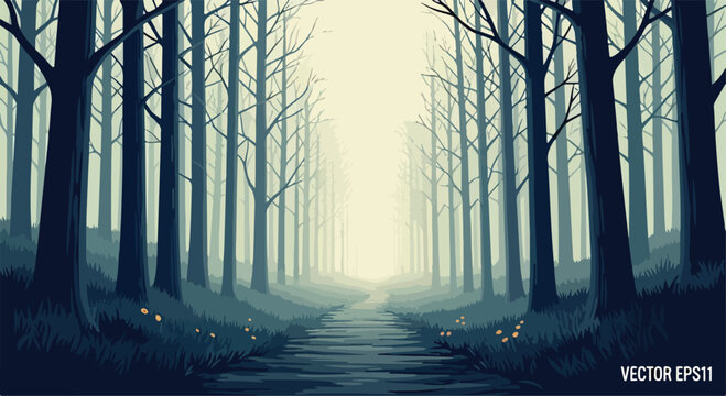 A serene forest path at dusk with fireflies