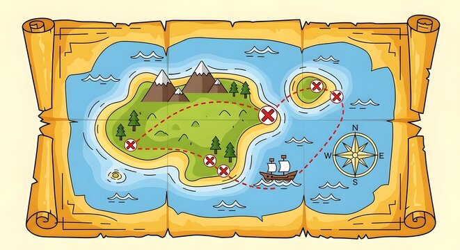 Hand-drawn antique map depicting a secluded island, mountains, and a sea voyage path leading to an X-marked spot, symbolizing discovery, wealth, and adventure