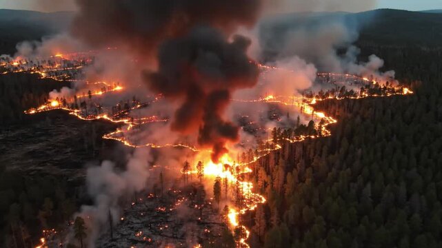 Aerial View of Intense Wildfire Spreading Through Evergreen Forest at Night