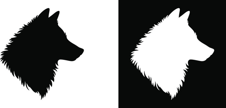 Black and white wolf head silhouettes, profile view