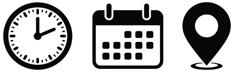 Time date and location icon set including clock calendar and address pin marker symbols for deadlines meetings time management scheduling appointment and business planning workflow © welcome  saiful