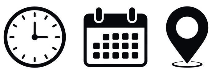 Time date and location icon set of clock calendar and address pin marker signs for deadlines meetings time management scheduling appointment business planning, productivity and organization © welcome saiful