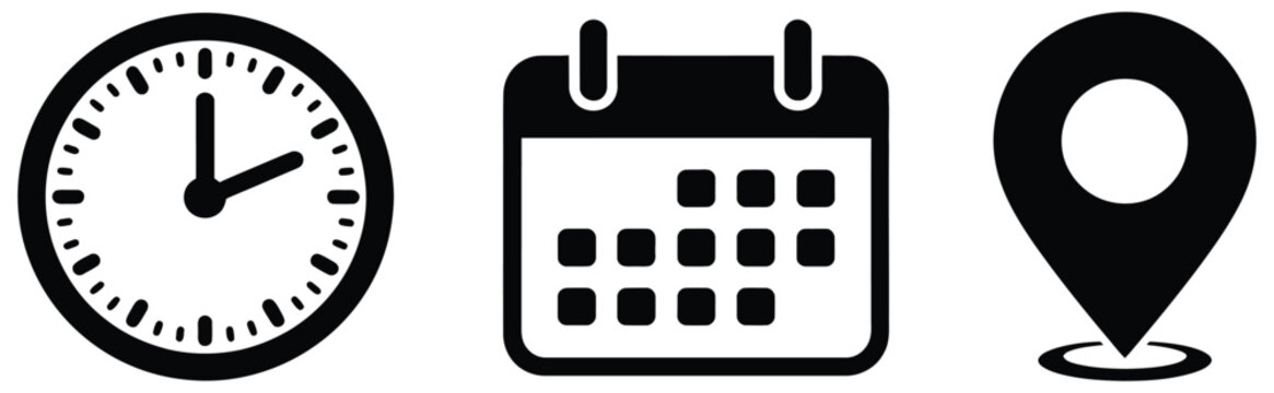 Time date and location icon set including clock calendar and address pin marker symbols for deadlines meetings time management scheduling appointment and business planning workflow
