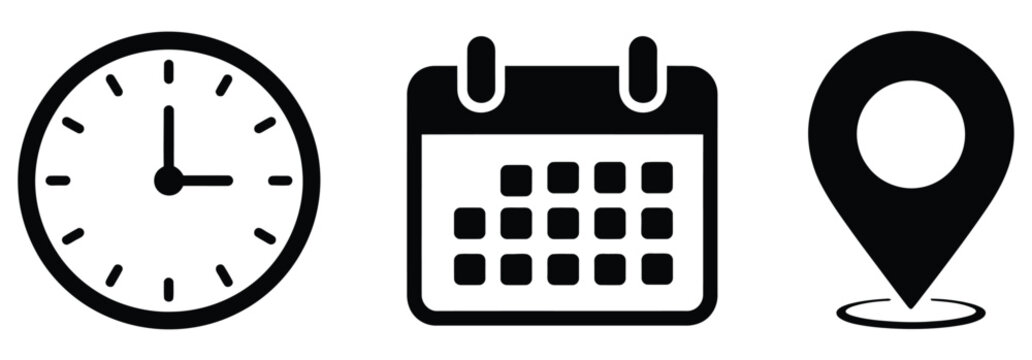 Time date and location icon set of clock calendar and address pin marker signs for deadlines meetings time management scheduling appointment business planning, productivity and organization