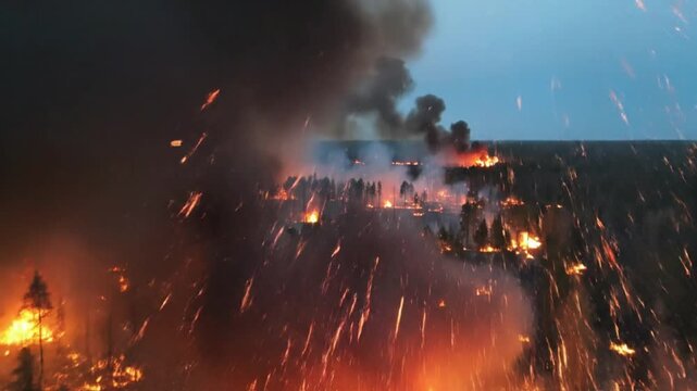 Wide Aerial View of Wildfire Pocket Deep Within a Green Pine Forest