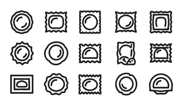 Various Condom Packaging Icons on White Background Simple Outline Style