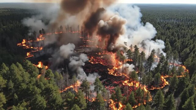 Dramatic Aerial Shot of Crowning Forest Fire with Flying Embers and Intense Heat