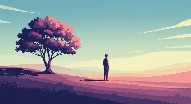 Solitary Figure Gazing at Vibrant Landscape Under a Colorful Sky at Dusk
