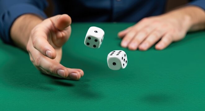 Hands throwing dice over a green tablecloth in a captivating gaming atmosphere