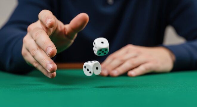 Close-Up of Hands Throwing Dice in a Casino Setting with Green Felt Table Surface
