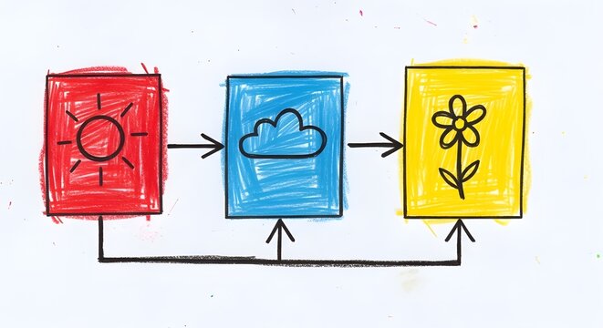 Hand-drawn flowchart of sun, cloud, and flower.