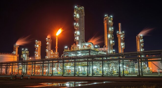 Nighttime view of industrial facility with illuminated smokestacks and flare stack