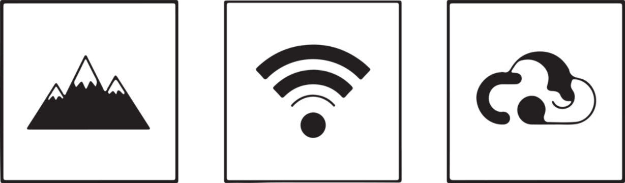 Minimalist vector illustrations of scenic mountain vistas, ubiquitous wireless internet indicators, and scalable cloud computing solutions, ideal for modern digital interfaces and web applications
