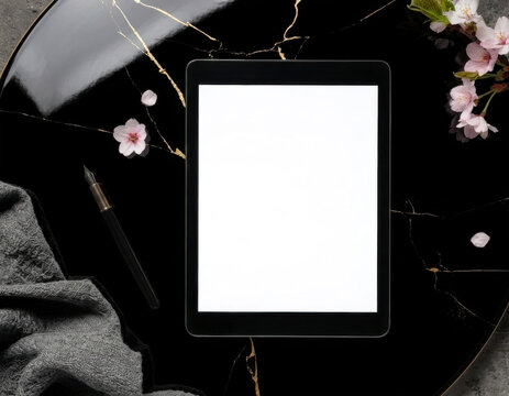 Wa-modern business tablet mockup with blank white screen on black mirror-like lacquer surface with gold kintsugi accents, cherry blossoms and fountain pen flat lay