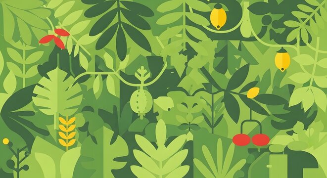 Vibrant and Lush Tropical Rainforest Foliage Pattern Illustration with Dense Green Leaves and Exotic Plants, Perfect for Nature-Inspired Backgrounds and Designs