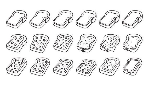 Various Toasted Bread Slices with Toppings in a Clean Outline Style