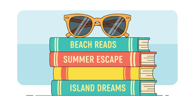 Stack of colorful books with sunglasses on top