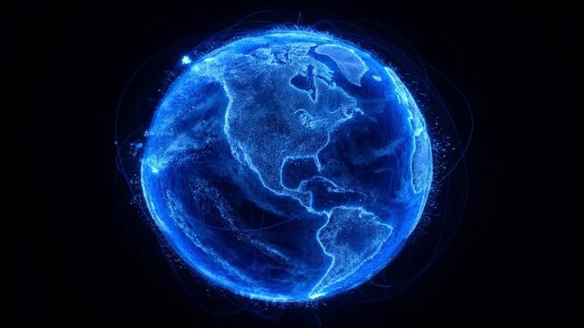 Dynamic digital globe animation with glowing blue particles and interconnected lines representing global network data transfer and futuristic technology isolated on black