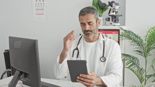 Man doctor with stethoscope holds tablet, hand to forehead while studying patient records on computer at desk in clinic, microscope and chart visible; concern responsibility.