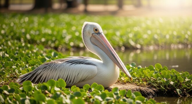 Elegant Pelican Resting on the Shore Amidst Green Lily Pads at Sunset