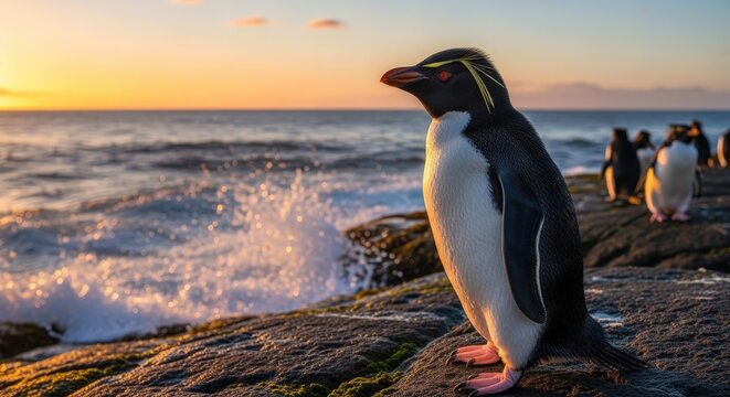 Majestic Penguin Standing on Rocky Shoreline with Ocean Waves at Sunset Glow