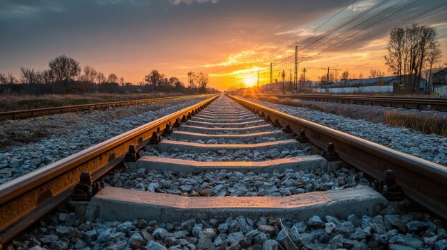 Tracks of Time: A captivating railway scene unfolds as tracks converge towards the horizon, framed by a vibrant sunset sky, leading the viewer on a journey of discovery. 