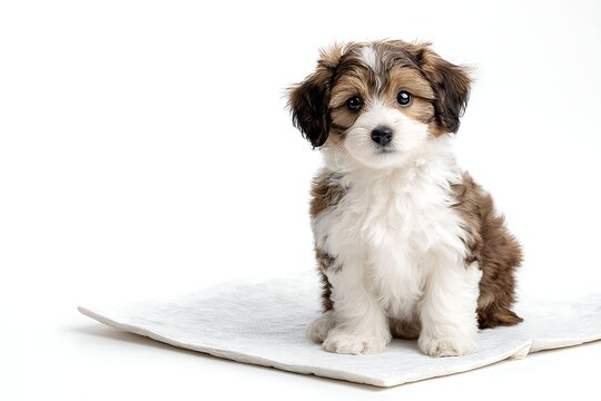 Realistic puppy sitting beside a clean pee pad, isolated on pure white, pet training preparation concept,