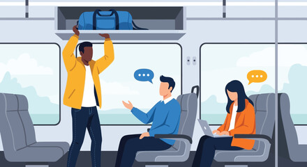 A man in a yellow jacket reaches for a blue duffel bag on a train while passengers converse © grvect02