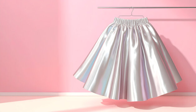 Bubble skirt with voluminous balloon hem hanging on a wire rack against a pink wall featuring taffeta fabric and sheen generative AI