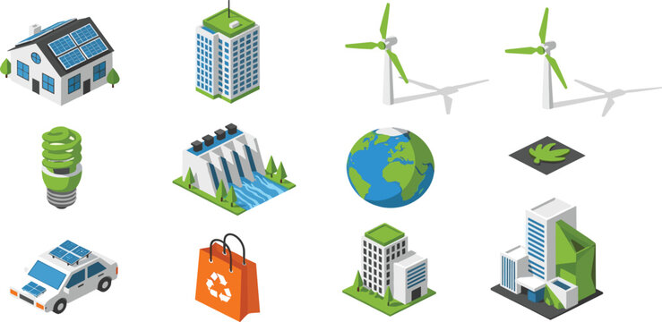 Isometric Green Energy Icon Set with Solar Powered House, Wind Turbines, Hydroelectric Dam, Electric Car, and Sustainable Urban Buildings for Environmental Technology Illustrations