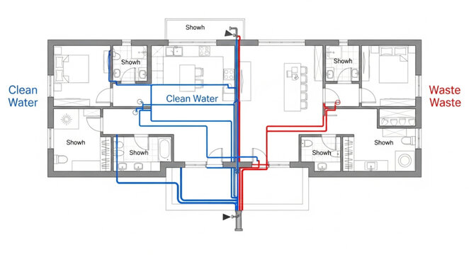 Architectural Floor Plan with Plumbing System Diagram.