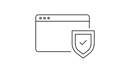 Web Security and Browser Protection Minimalist Black Line Vector Icon on White Background with Editable Stroke, Featuring a Shield and Checkmark for Secure Internet Browsing and Data Safety. © Amna
