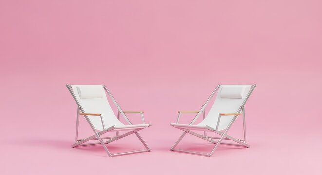 Modern White Beach Chairs on a Soft Pink Background for Relaxation and Leisure