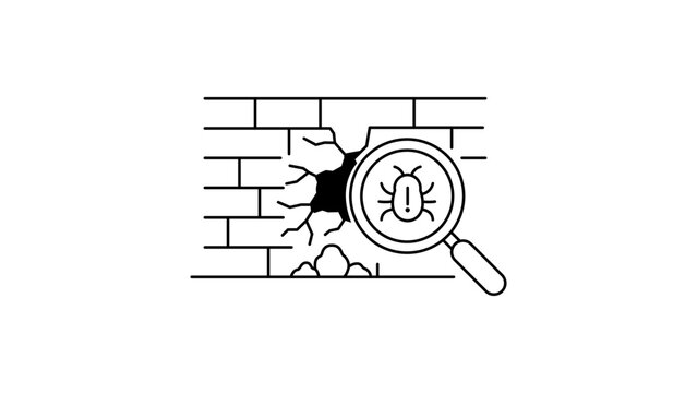 Vulnerability Scan Vector Icon with Editable Stroke. Minimalist black line illustration of a magnifying glass detecting a bug in a cracked brick wall, representing security flaws and debugging.