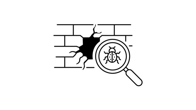 Vulnerability Scan Vector Icon with Editable Stroke. A minimalist black line illustration of a magnifying glass inspecting a bug in a cracked brick wall, representing software security audits.