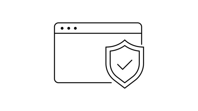 Verified Internet Browser Protection Symbol. Minimalist Line Drawing of a Secure Navigation Window with a Shield and Confirmation Mark. Fully Customizable Stroke Weight for Graphic Designers.