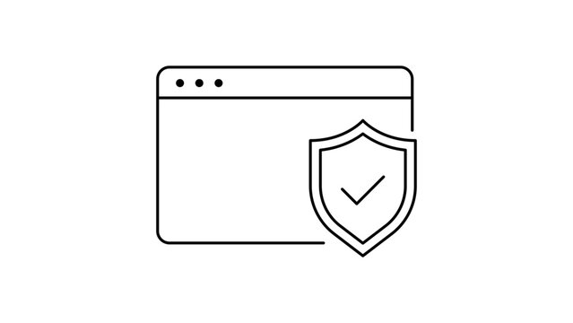 Web Security and Browser Protection Editable Stroke Vector Icon. Minimalist black line illustration of a browser window with a shield and checkmark symbol for safe browsing and data privacy.