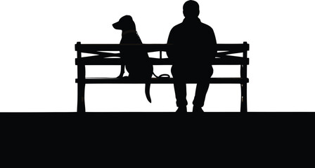 Black silhouette of a person and dog sitting on a park bench