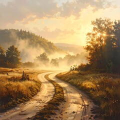 Naklejka premium A serene landscape of a winding dirt road through a sunny countryside