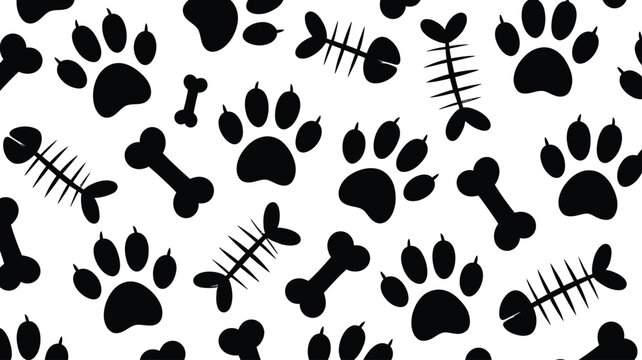 Cute pet dog paw print cat fish bone art pattern