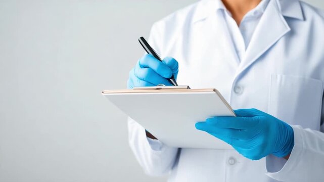 The Clinical Scribbler: A medical professional in sterile gloves meticulously documents observations on a clipboard, the scene hinting at scientific precision and focused work.