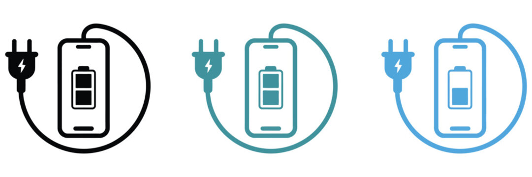 Mobile phone battery charging icon, colorful power status symbols, energy level indicators, flat glyph outline styles, smartphone interface vector