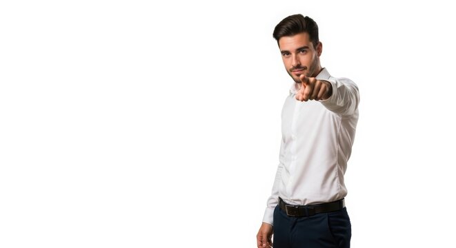 Portrait of a handsome young businessman in casual fashion wearing a shirt and jeans standing confident and smiling while looking back in a full length studio shot isolated on white
