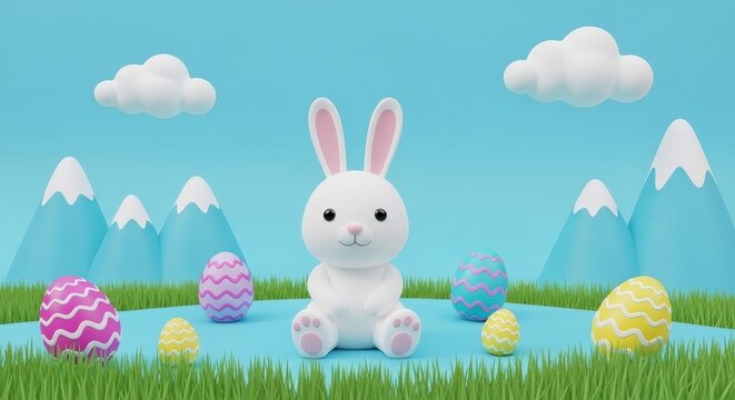 Charming Cartoon Bunny Surrounded by Colorful Eggs and Playful Clouds in a Spring Landscape