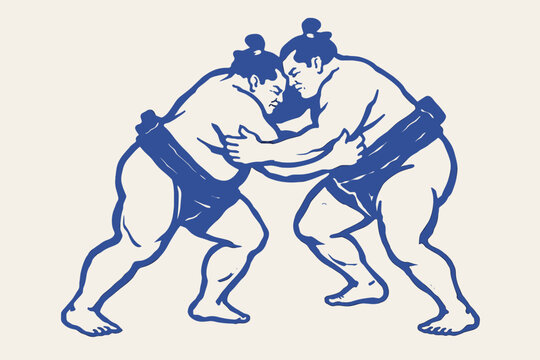 Sumo wrestlers doodle vector illustration with traditional fighters, grappling pose and blue line art