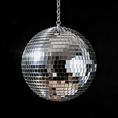 Fototapeta premium Shiny Silver Disco Ball Hanging on Black Background