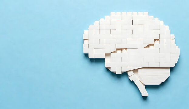 Block Mosaic Brain Design on Blue Background
