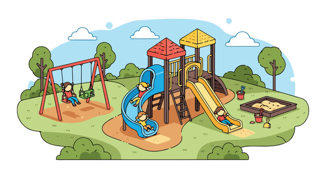 A colorful playground with children on swings and slides